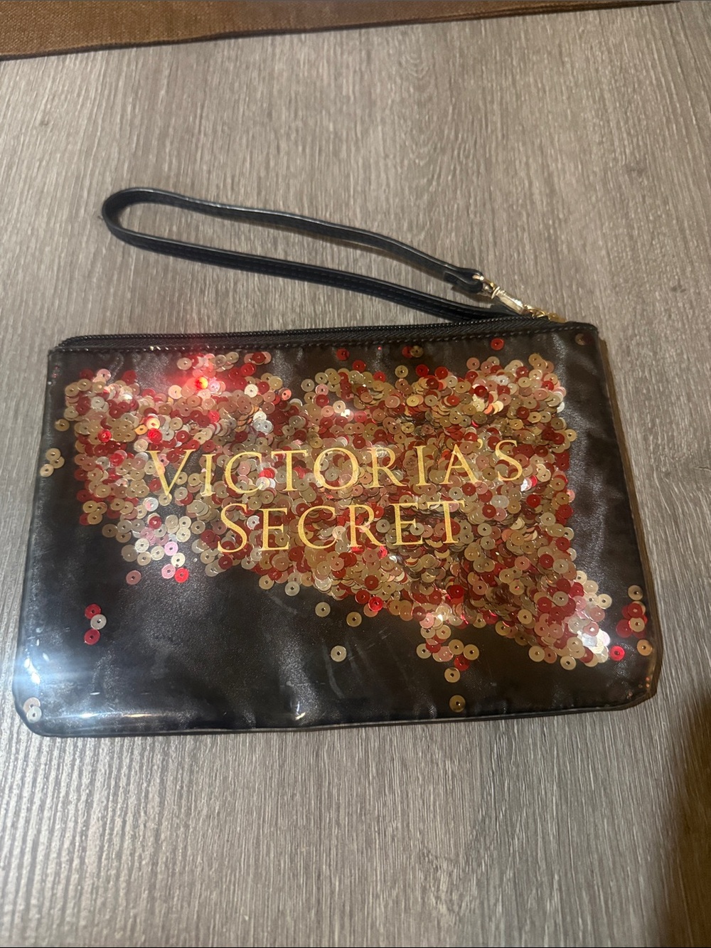 Victoria's Secret Black Sequin Wristlet with Gold Logo